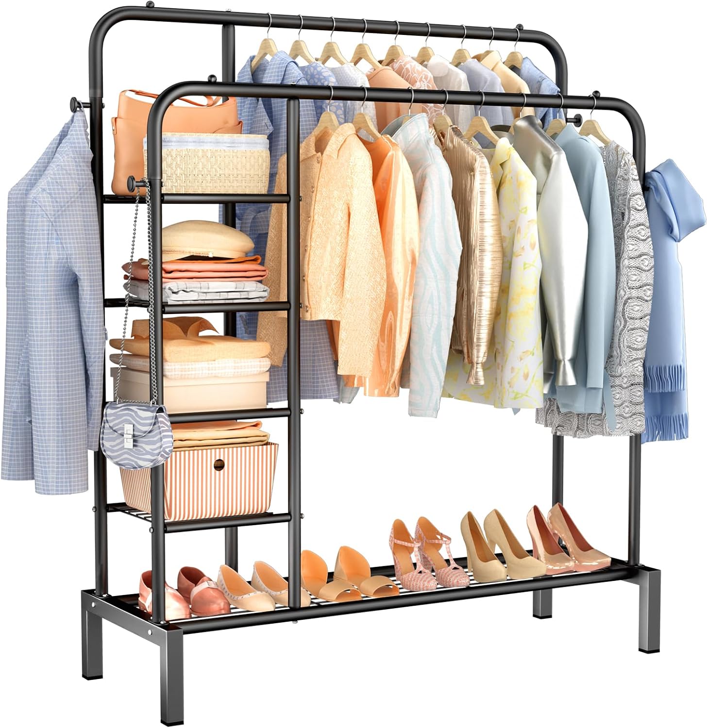 Double Pole Garment Rack – Heavy Duty Portable Clothes Organizer with 2 Rails, 2 Shelves & 4 Lockable Wheels (Black, 150cm)