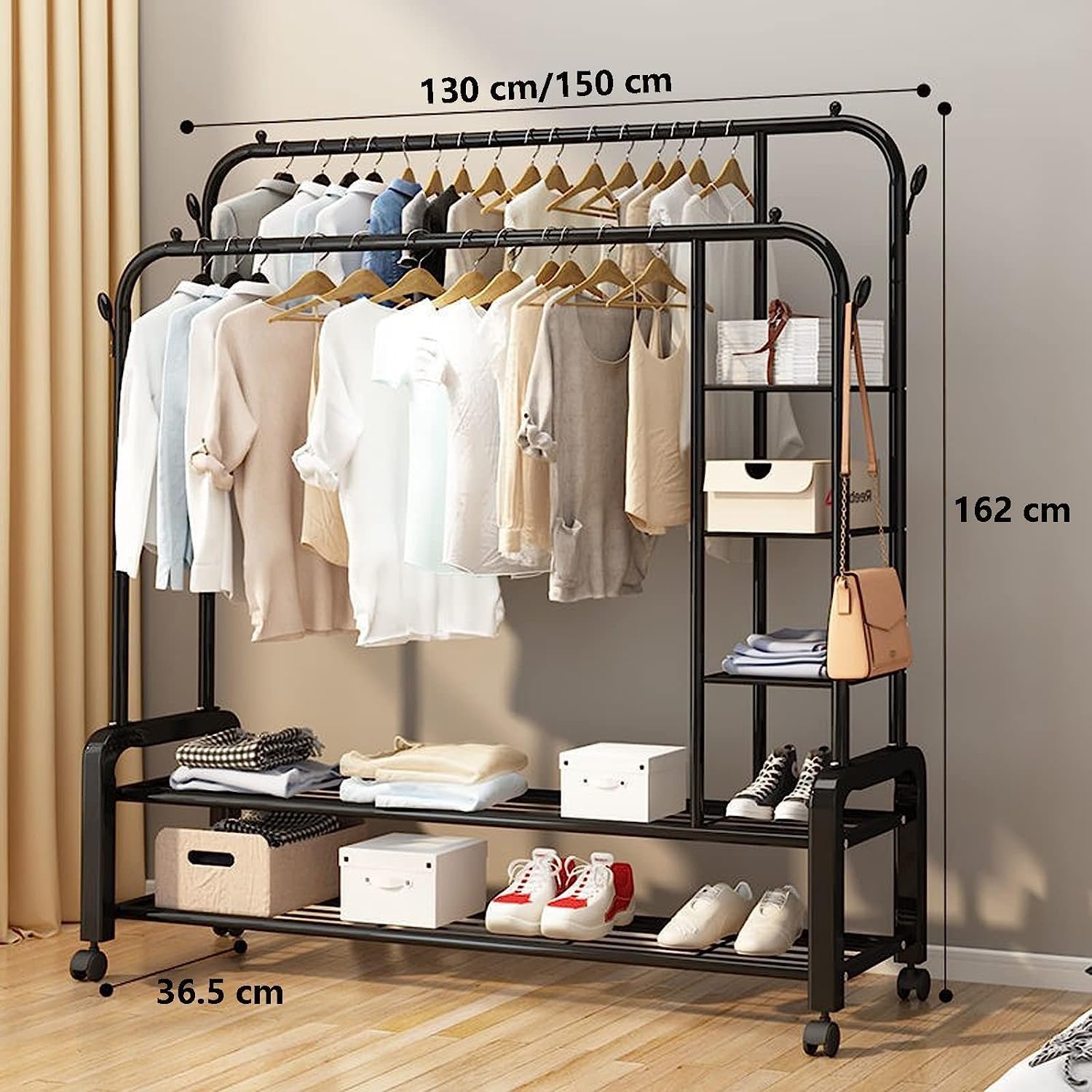 Double Pole Garment Rack – Heavy Duty Portable Clothes Organizer with 2 Rails, 2 Shelves & 4 Lockable Wheels (Black, 150cm)
