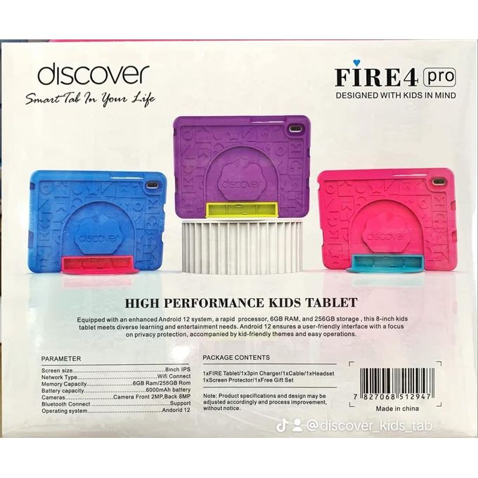 Discover Fire4 Pro Kids Tablet | 8" IPS 6GB+256GB Educational Android Tablet