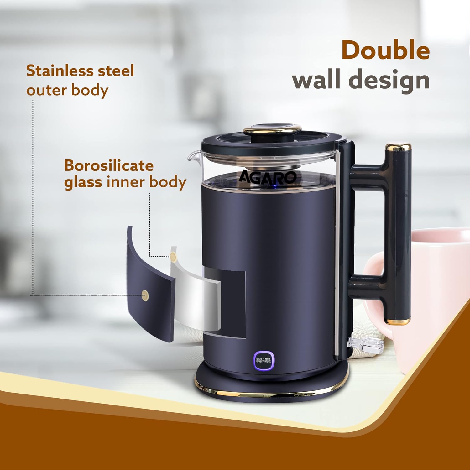 Regal Electric Kettle 1.5L – Keep Warm Function, Stainless Steel & Glass Body, Auto Shut-Off