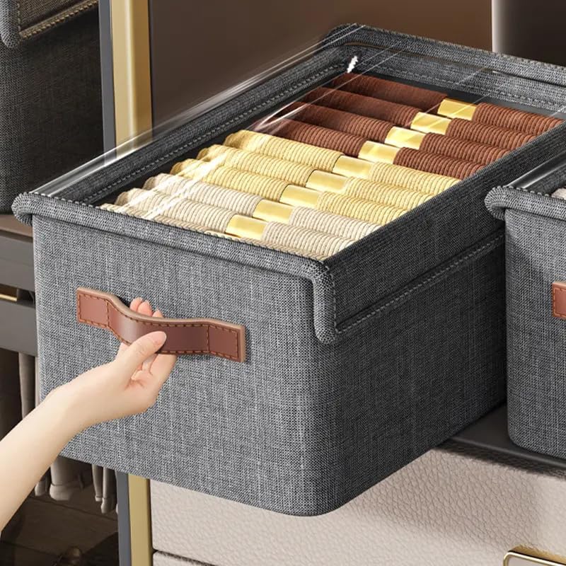 Foldable Clothes Storage Box – 30L Linen Organizer with Clear Window & Leather Handles