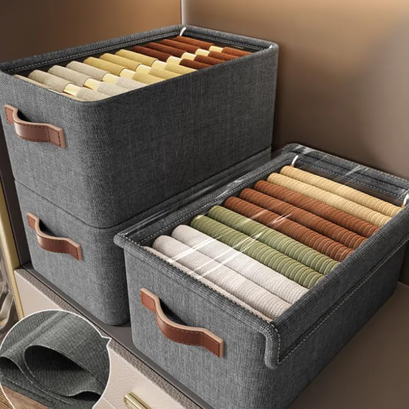 Foldable Clothes Storage Box – 30L Linen Organizer with Clear Window & Leather Handles