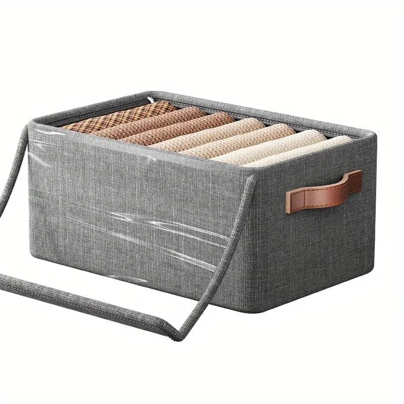 Foldable Clothes Storage Box – 30L Linen Organizer with Clear Window & Leather Handles