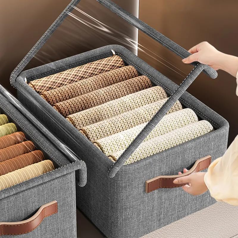 Foldable Clothes Storage Box – 30L Linen Organizer with Clear Window & Leather Handles