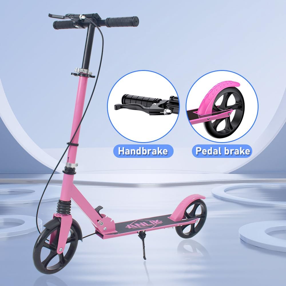 Dual-Brake Shock-Absorbing Kick Scooter | Adjustable Height, Anti-Skid PU Wheels | for Kids 6+, Teens & Adults | Pink