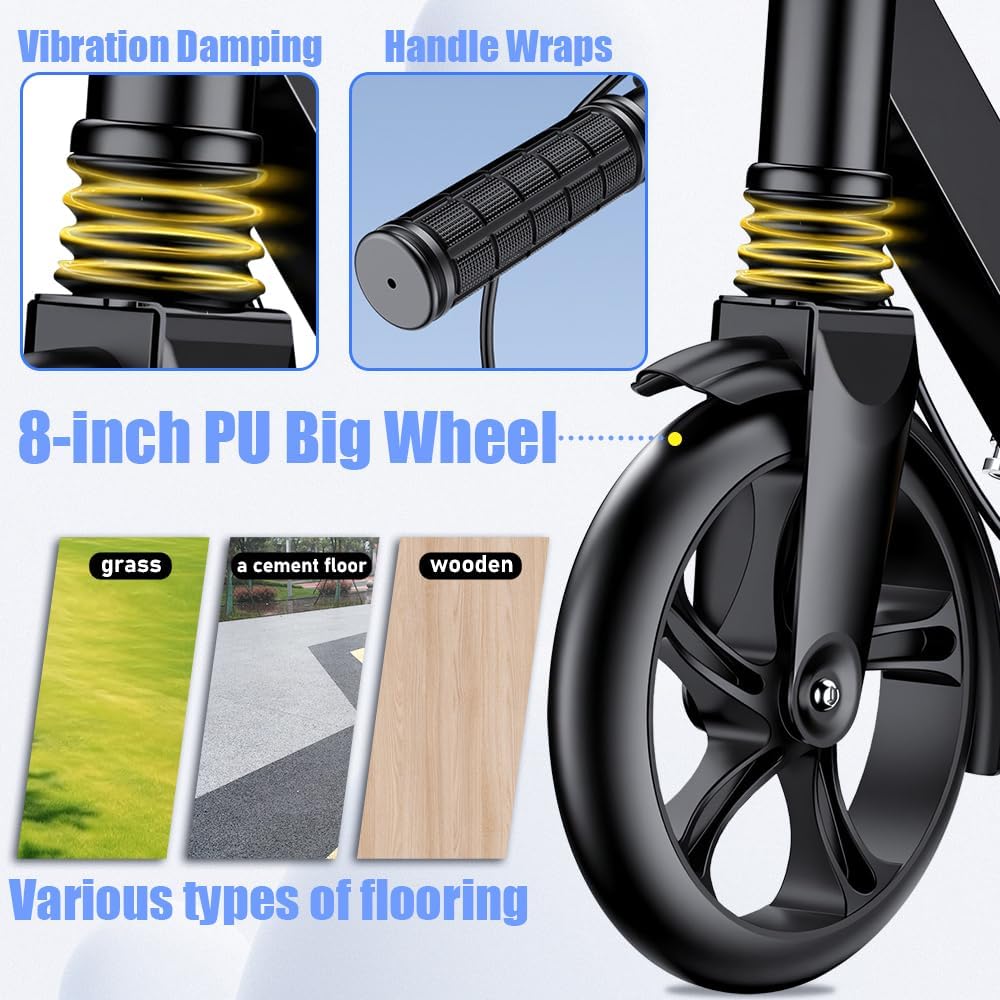 Dual-Brake Shock-Absorbing Kick Scooter | Adjustable Height, Anti-Skid PU Wheels | for Kids 6+, Teens & Adults | Pink