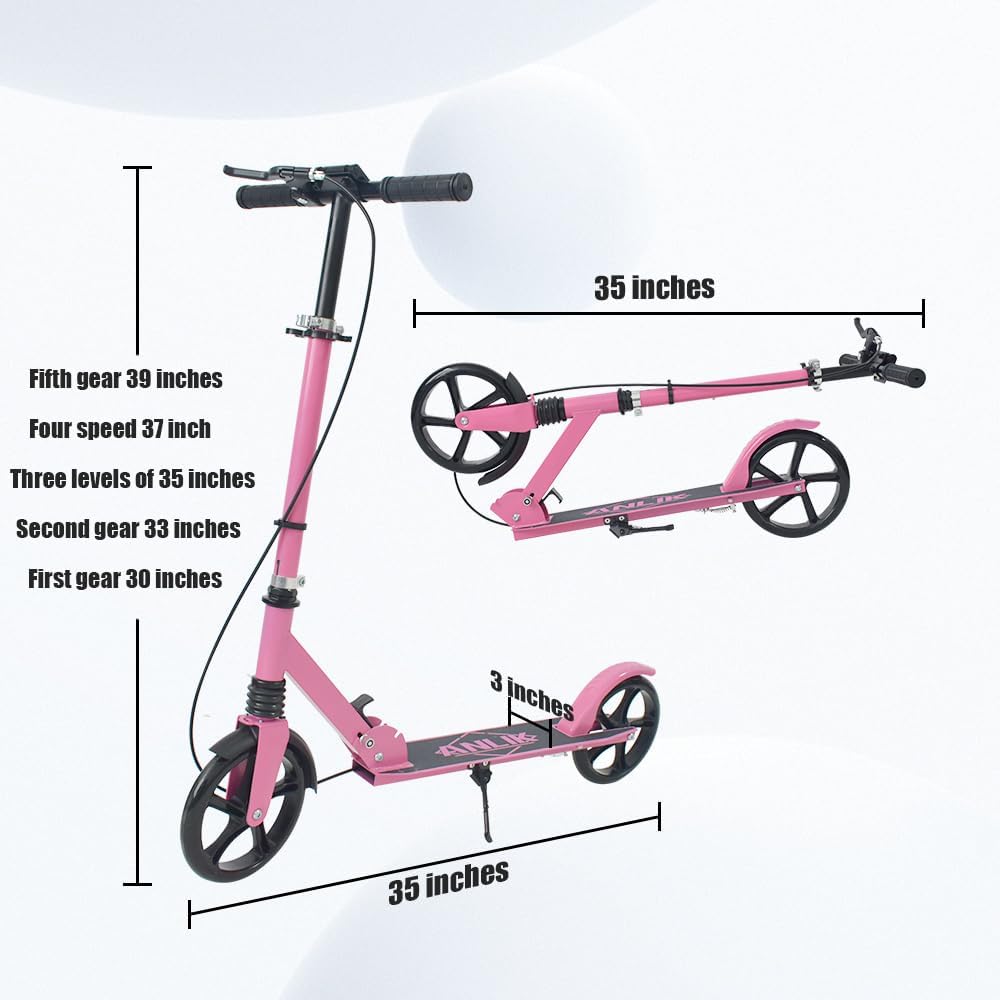 Dual-Brake Shock-Absorbing Kick Scooter | Adjustable Height, Anti-Skid PU Wheels | for Kids 6+, Teens & Adults | Pink