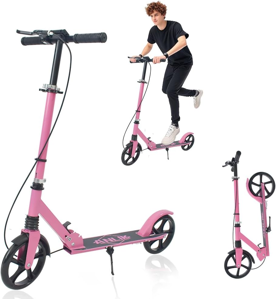 Dual-Brake Shock-Absorbing Kick Scooter | Adjustable Height, Anti-Skid PU Wheels | for Kids 6+, Teens & Adults | Pink