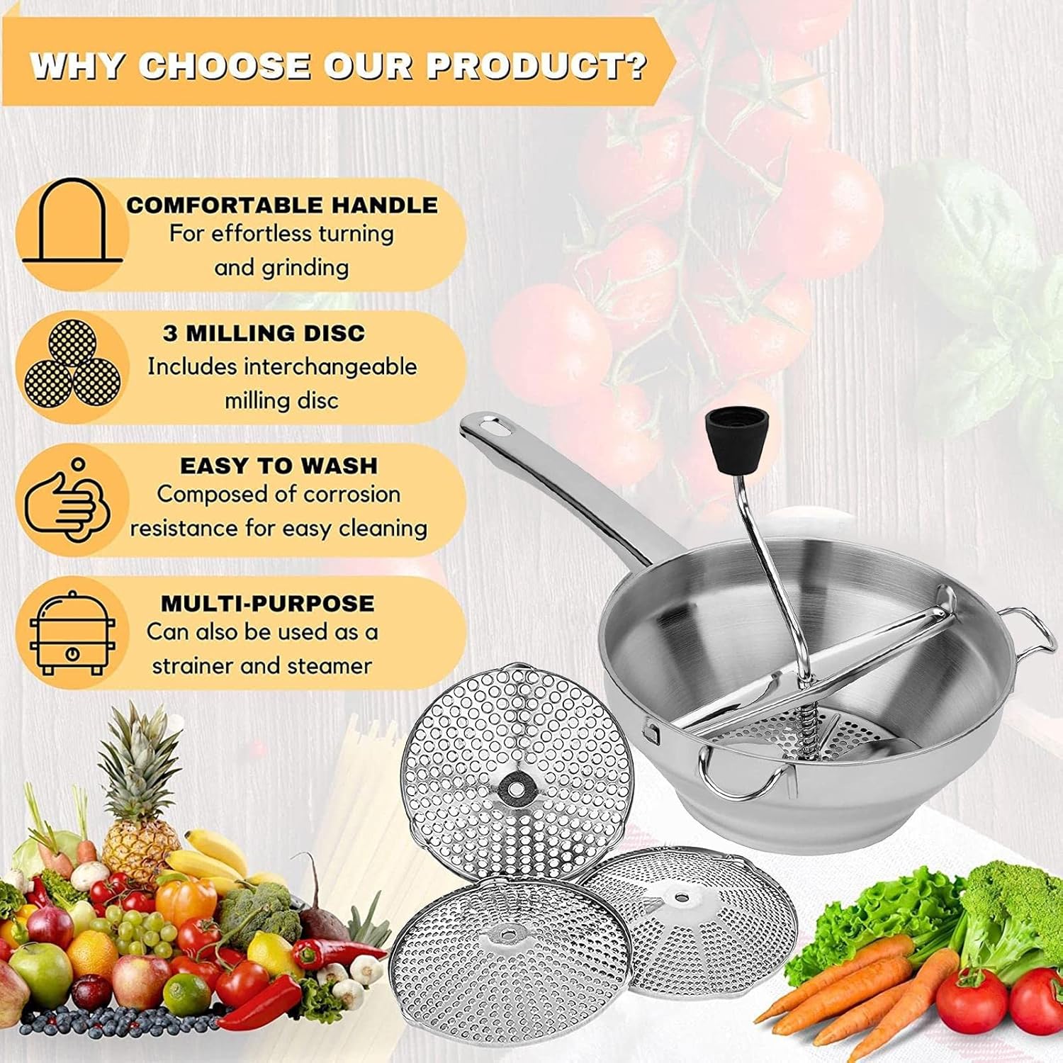Stainless Steel Manual Food Mill – 3-Disc Rotary Strainer for Sauces, Purees & Mashed Potatoes