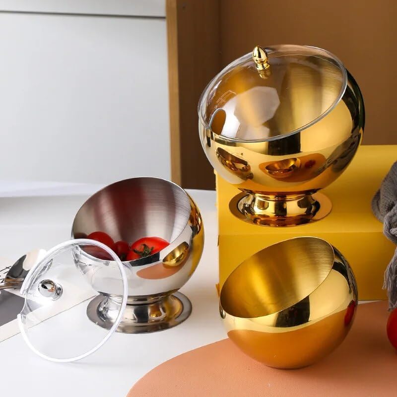 Stainless Steel Slant Sauce Bowls with Lids | Set of 3 Oblique Mouth Pouring Containers for Kitchen & Serving | Airtight Condiment, Dip, & Salad Bowls in Gold & Silver (14cm, 18cm, 22cm)
