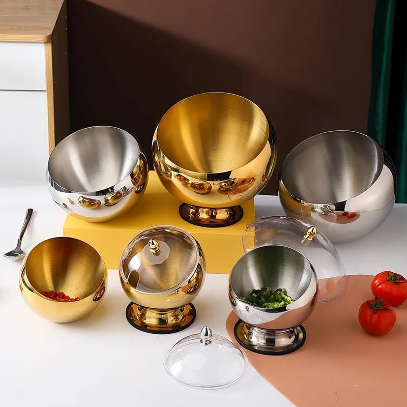 Stainless Steel Slant Sauce Bowls with Lids | Set of 3 Oblique Mouth Pouring Containers for Kitchen & Serving | Airtight Condiment, Dip, & Salad Bowls in Gold & Silver (14cm, 18cm, 22cm)