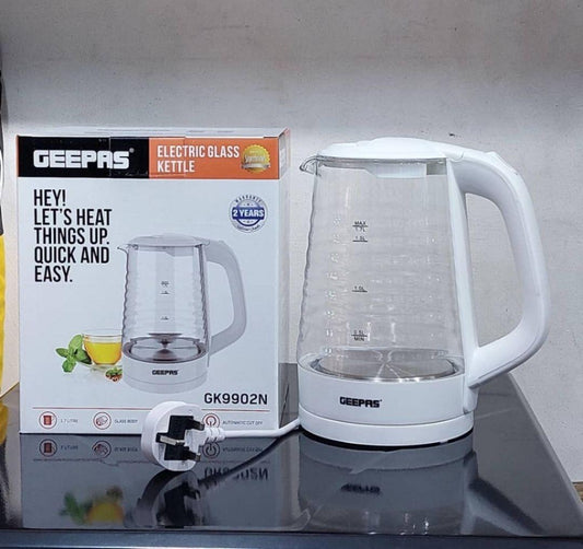 Geepas 1.7L Electric Glass Kettle GK9902N | 360° Rotation, Light Indicator & Auto Shut-Off - LIFE STORES UGANDA