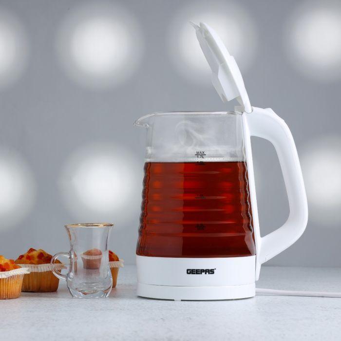 Geepas 1.7L Electric Glass Kettle GK9902N | 360° Rotation, Light Indicator & Auto Shut-Off - LIFE STORES UGANDA