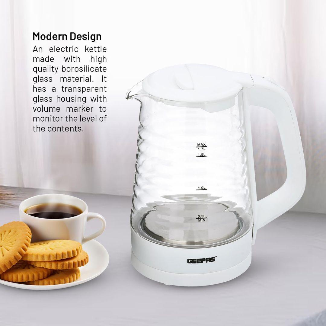 Geepas 1.7L Electric Glass Kettle GK9902N | 360° Rotation, Light Indicator & Auto Shut-Off - LIFE STORES UGANDA