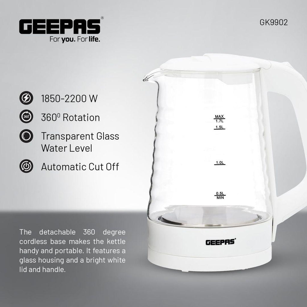 Geepas 1.7L Electric Glass Kettle GK9902N | 360° Rotation, Light Indicator & Auto Shut-Off - LIFE STORES UGANDA