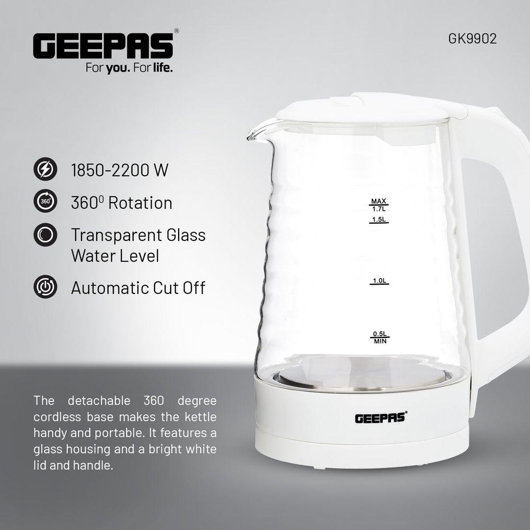 Geepas 1.7L Electric Glass Kettle GK9902N | 360° Rotation, Light Indicator & Auto Shut-Off - LIFE STORES UGANDA