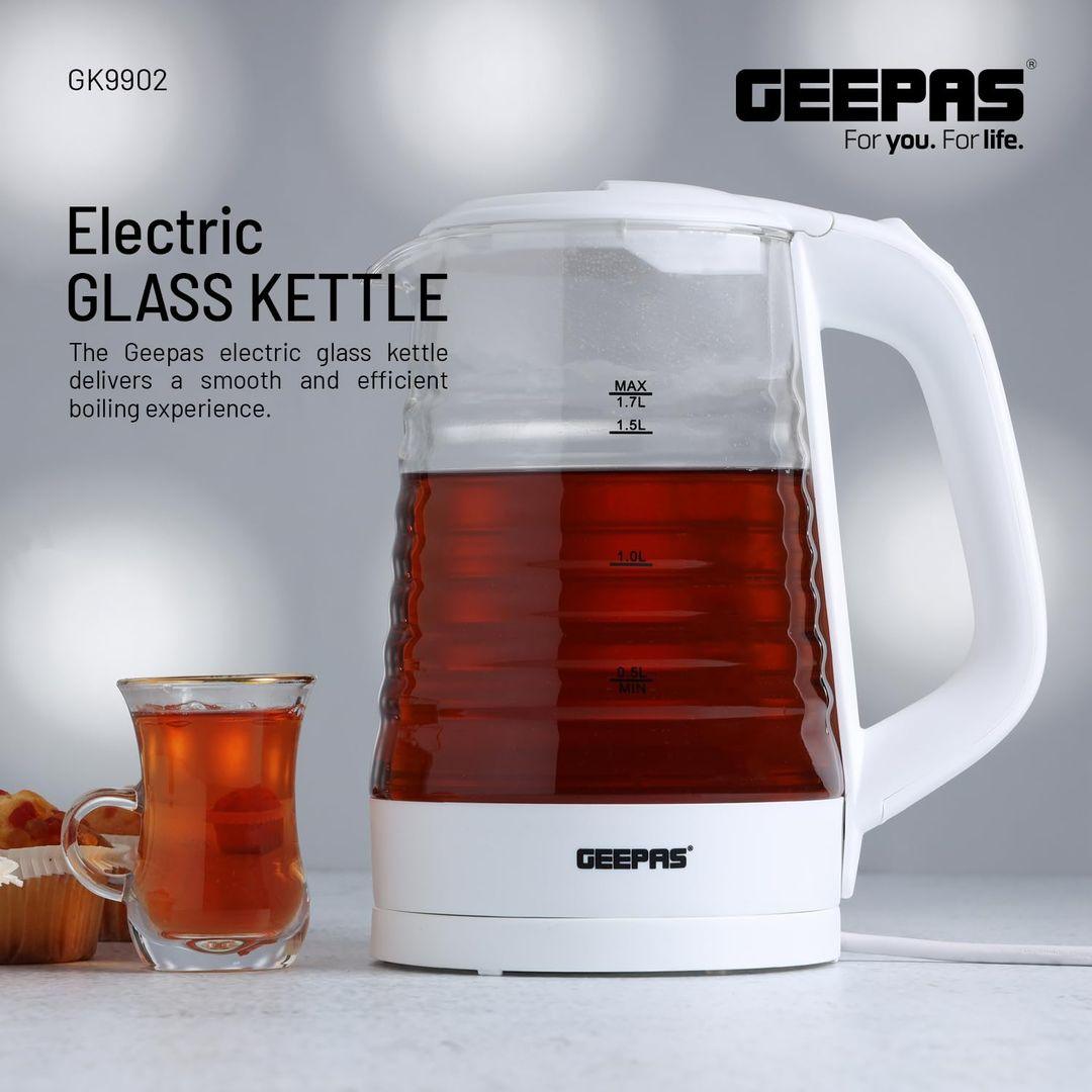 Geepas 1.7L Electric Glass Kettle GK9902N | 360° Rotation, Light Indicator & Auto Shut-Off - LIFE STORES UGANDA