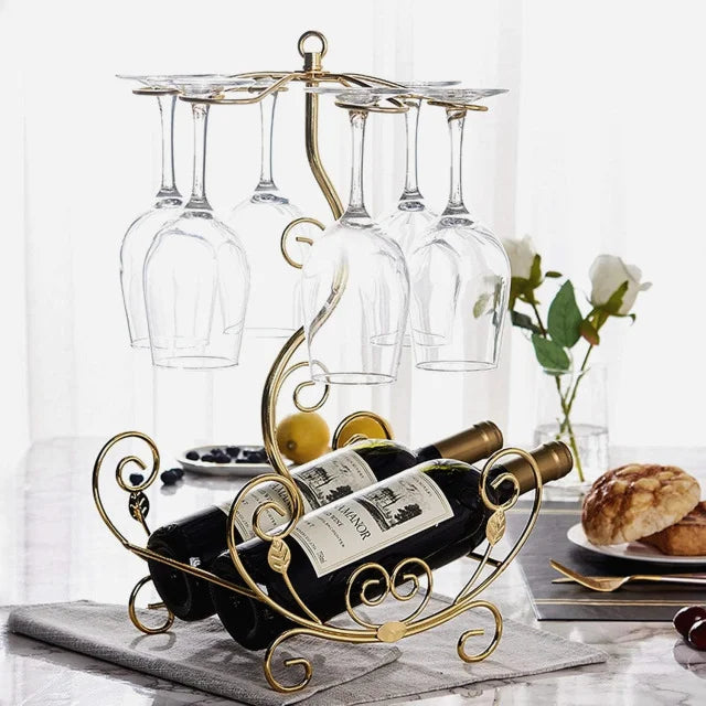 Tabletop Wine Rack & Stemware Holder – Golden Vine Design for 2 Bottles & 6 Glasses | Countertop Bar Organizer