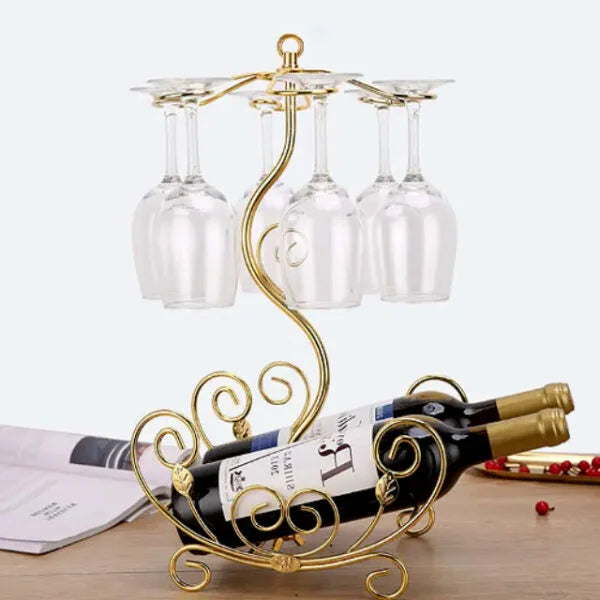 Tabletop Wine Rack & Stemware Holder – Golden Vine Design for 2 Bottles & 6 Glasses | Countertop Bar Organizer