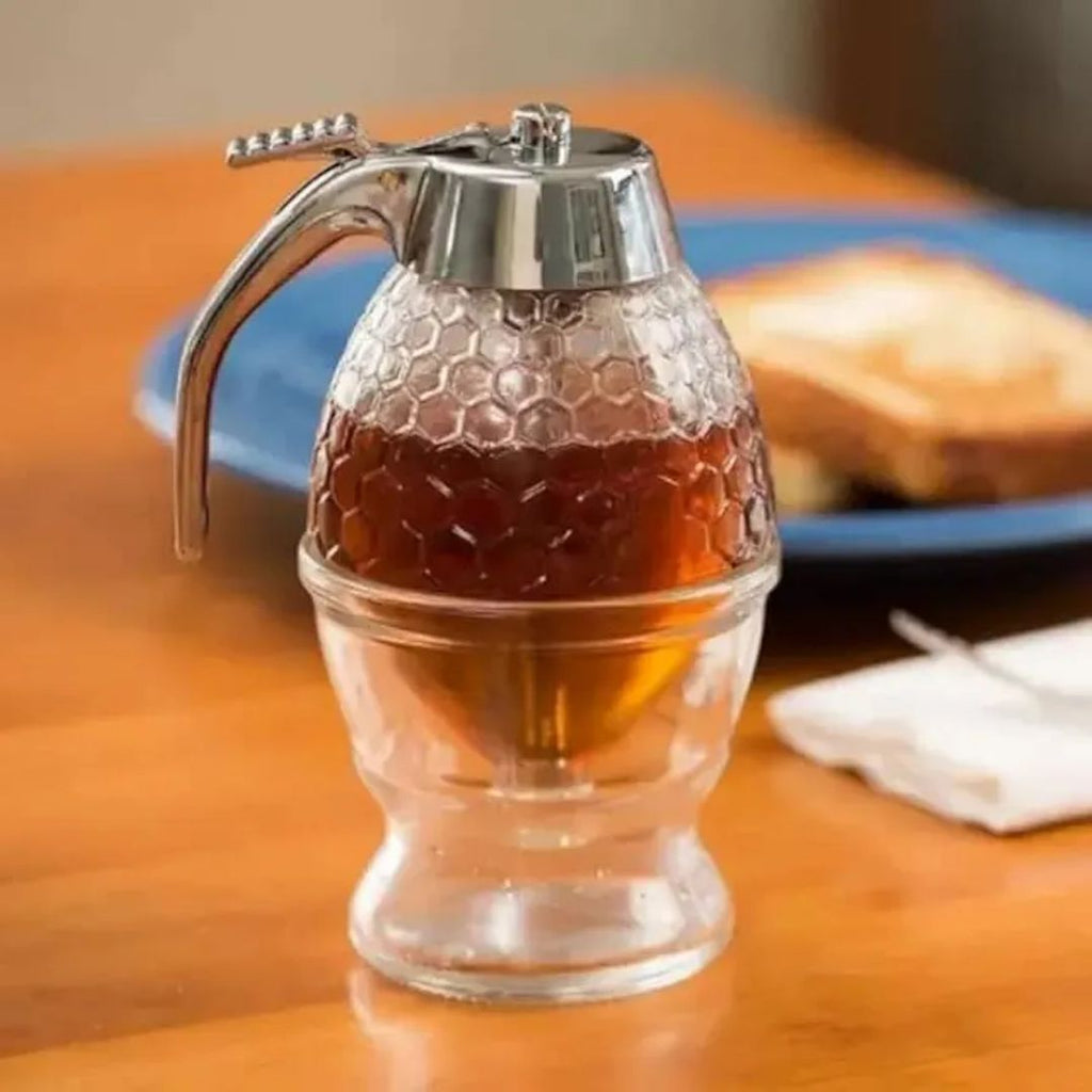 No-Drip Glass Honey Dispenser – 8oz Gravity-Fed Syrup Server, Push-Button Release, Leak-Proof, European Style