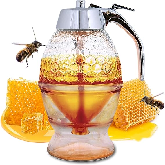 No-Drip Glass Honey Dispenser – 8oz Gravity-Fed Syrup Server, Push-Button Release, Leak-Proof, European Style