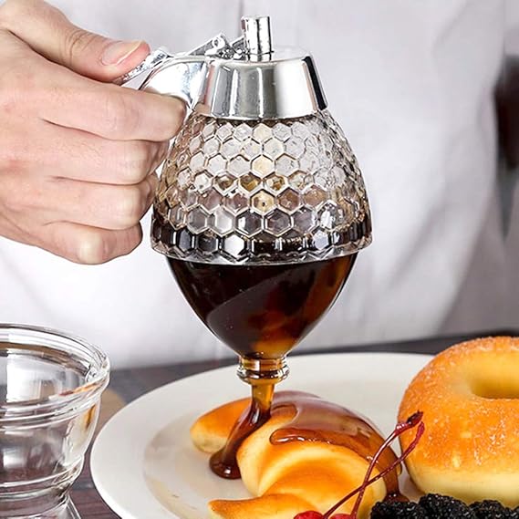 No-Drip Glass Honey Dispenser – 8oz Gravity-Fed Syrup Server, Push-Button Release, Leak-Proof, European Style