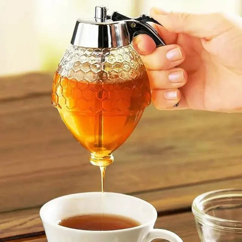 No-Drip Glass Honey Dispenser – 8oz Gravity-Fed Syrup Server, Push-Button Release, Leak-Proof, European Style
