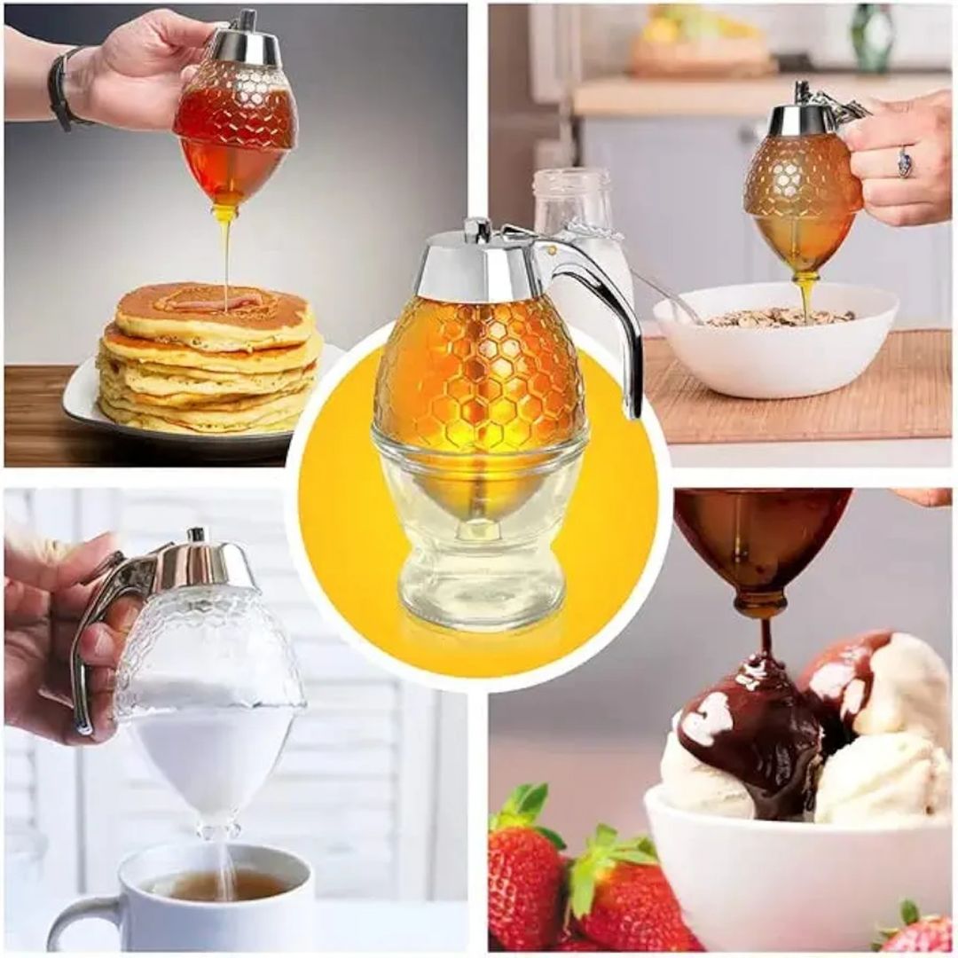 No-Drip Glass Honey Dispenser – 8oz Gravity-Fed Syrup Server, Push-Button Release, Leak-Proof, European Style