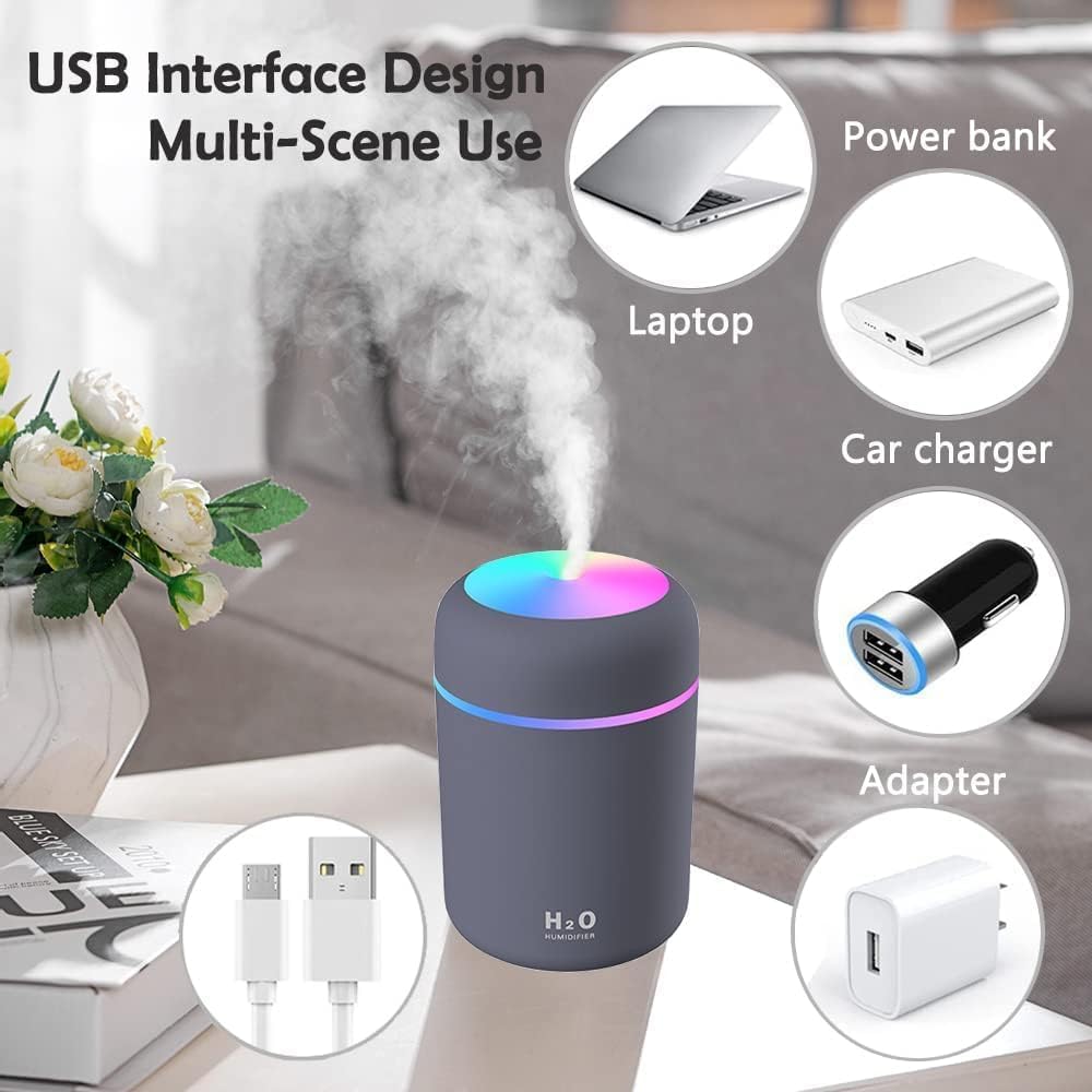 H2O Ultrasonic Cool Mist Humidifier – 300ml Essential Oil Diffuser with 7-Color LED & Auto Shut-Off (USB-Powered for Home/Office/Car)
