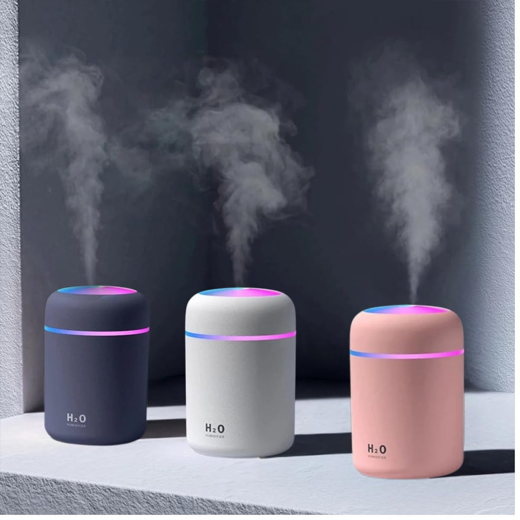 H2O Ultrasonic Cool Mist Humidifier – 300ml Essential Oil Diffuser with 7-Color LED & Auto Shut-Off (USB-Powered for Home/Office/Car)