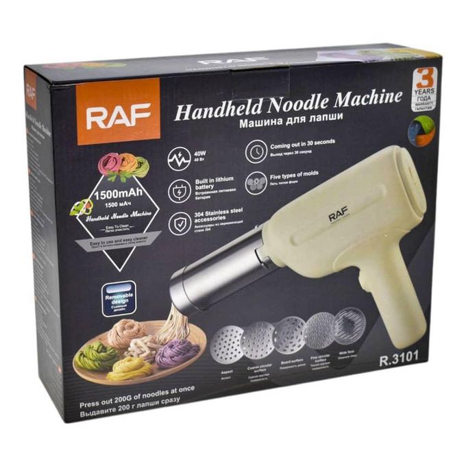 RAF Handheld Noodle Machine – Model R.3101 | Cordless, USB Rechargeable, 5 Pasta Molds | 200g in 20 Sec