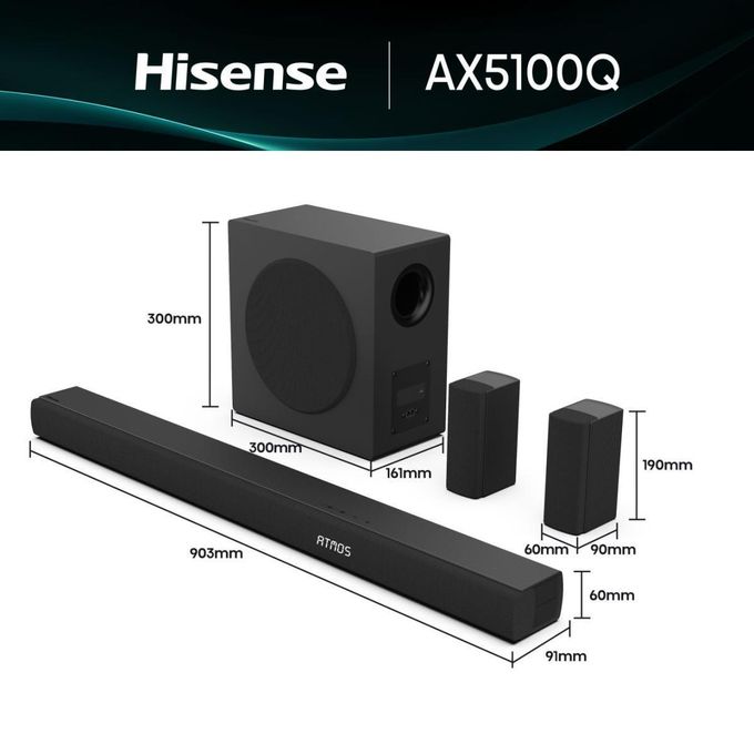 Hisense AX5100Q 5.1 Channel Soundbar with Wireless Subwoofer & Rear Speakers - 580W (Dolby Atmos, DTS:X, Bluetooth 5.3)