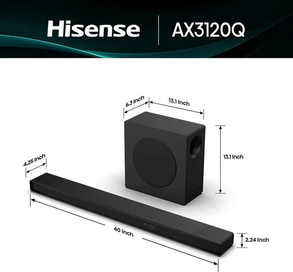 Hisense AX3100Q 3.1 Channel Soundbar with Wireless Subwoofer - 500W (Dolby Atmos, DTS Virtual:X, Bluetooth 5.3, HDMI eARC)