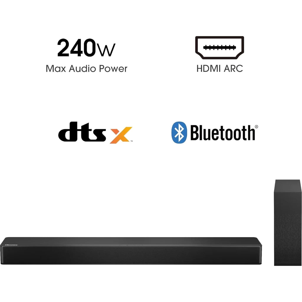 Hisense HS2100 2.1 Channel Soundbar with Wireless Subwoofer - 240W (Dolby Audio, DTS Virtual:X, Bluetooth 5.3, HDMI ARC)