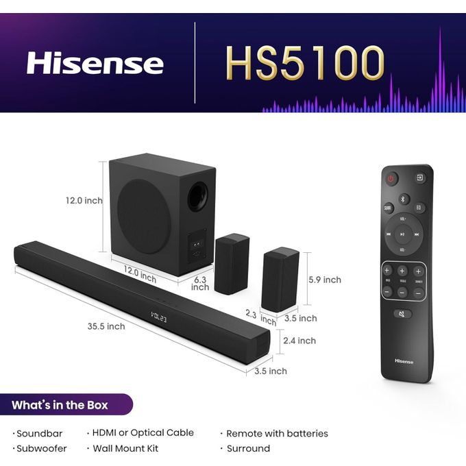 Hisense HS5100 5.1 Channel Soundbar with Wireless Subwoofer & Rear Speakers - 540W (Dolby Digital Plus, DTS Virtual:X, Bluetooth 5.3)