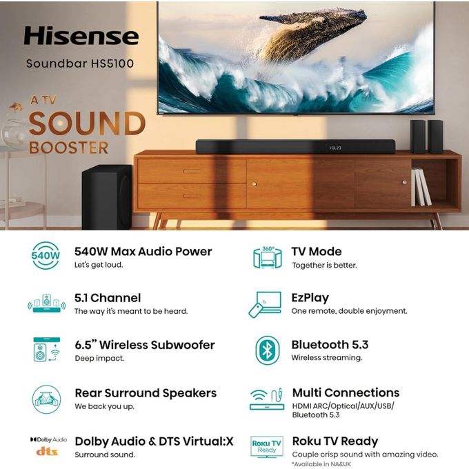 Hisense HS5100 5.1 Channel Soundbar with Wireless Subwoofer & Rear Speakers - 540W (Dolby Digital Plus, DTS Virtual:X, Bluetooth 5.3)