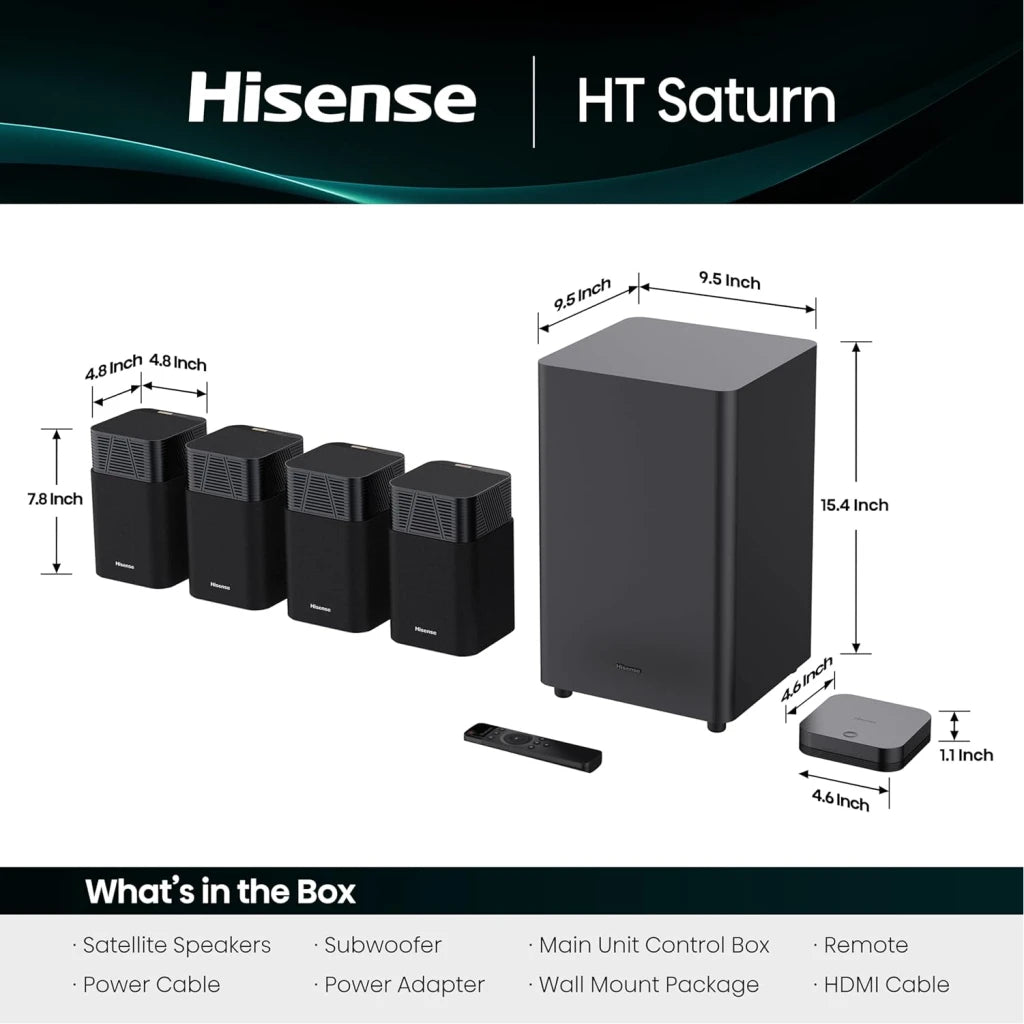 Hisense HT Saturn 4.1.2 Channel Soundbar with Wireless Subwoofer - 720W (Dolby Atmos, DTS:X, Tuned by Devialet, Bluetooth 5.3)