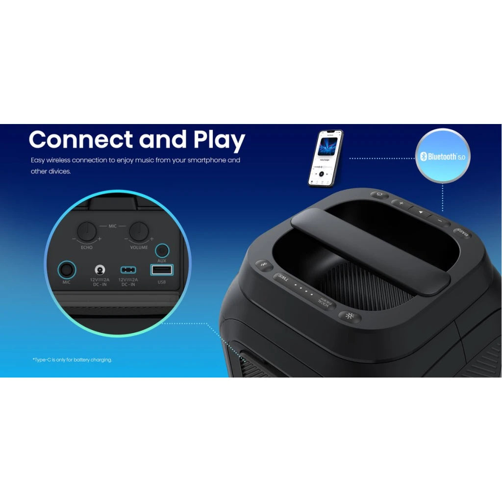 Hisense Party Rocker 160 Portable Bluetooth Speaker with Dynamic LED Lights - 160W (TWS Pair Play, Karaoke Mode, IPX4, Black)