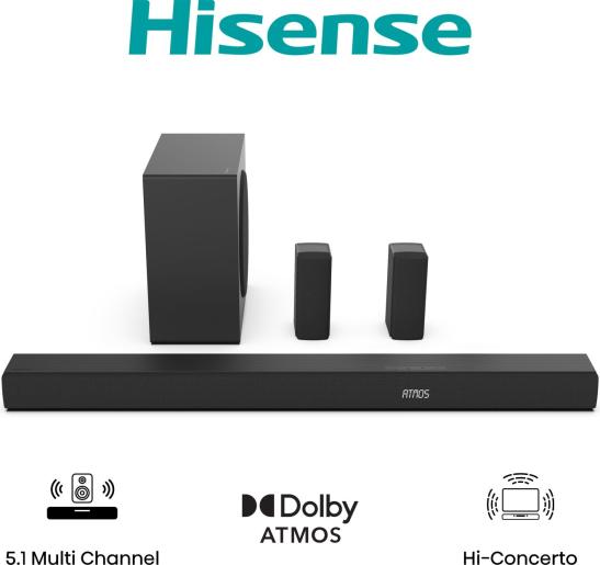 Hisense AX5100G 5.1ch Soundbar | 580W Peak with Dolby Atmos & Wireless Rear Speakers