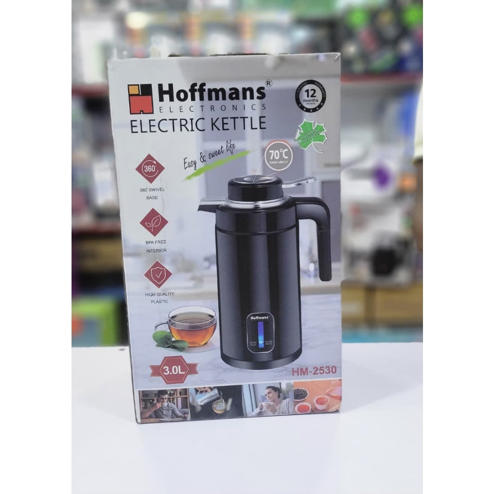 Hoffmans HM-2530 3L Electric Kettle 2000W Double-Layer Stainless Steel Insulated Boiler with Auto Shut Off