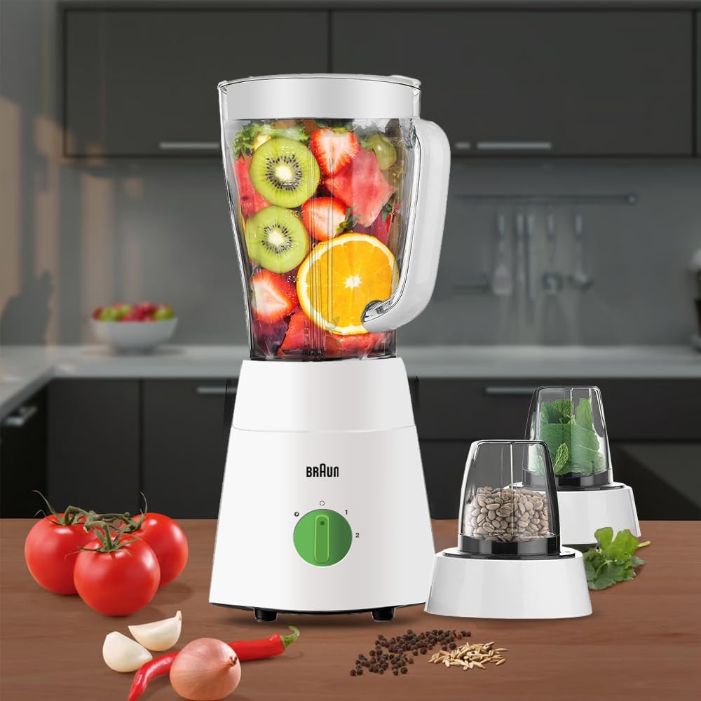 Braun JB0123WH PowerBlend 500W Blender – 1.75L Jug with 2 Mills (White)