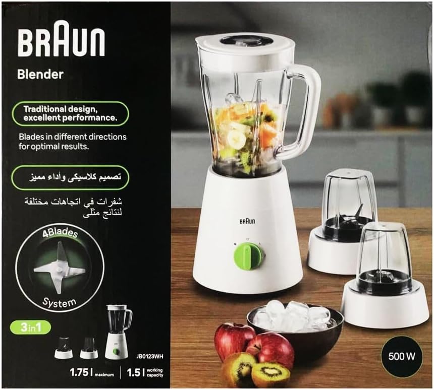 Braun JB0123WH PowerBlend 500W Blender – 1.75L Jug with 2 Mills (White)