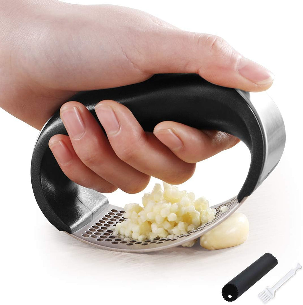 Stainless Steel Garlic Press Rocker & Silicone Tube Garlic Peeler Set – Handheld Garlic Crusher for Effortless Mincing