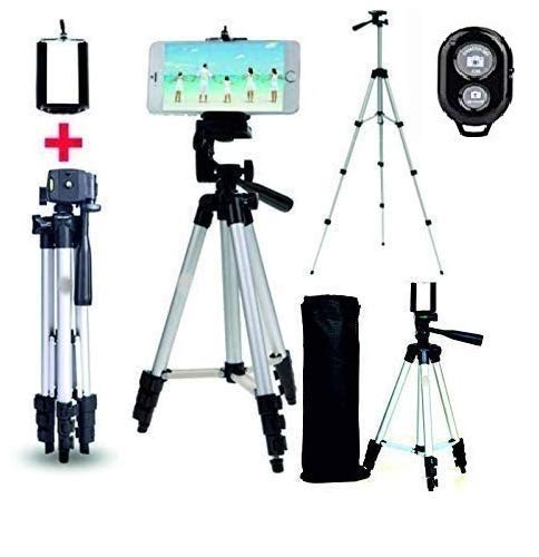 Portable Mini Adjustable Aluminum Tripod Stand with Remote & Phone Clip (Up to 105cm)