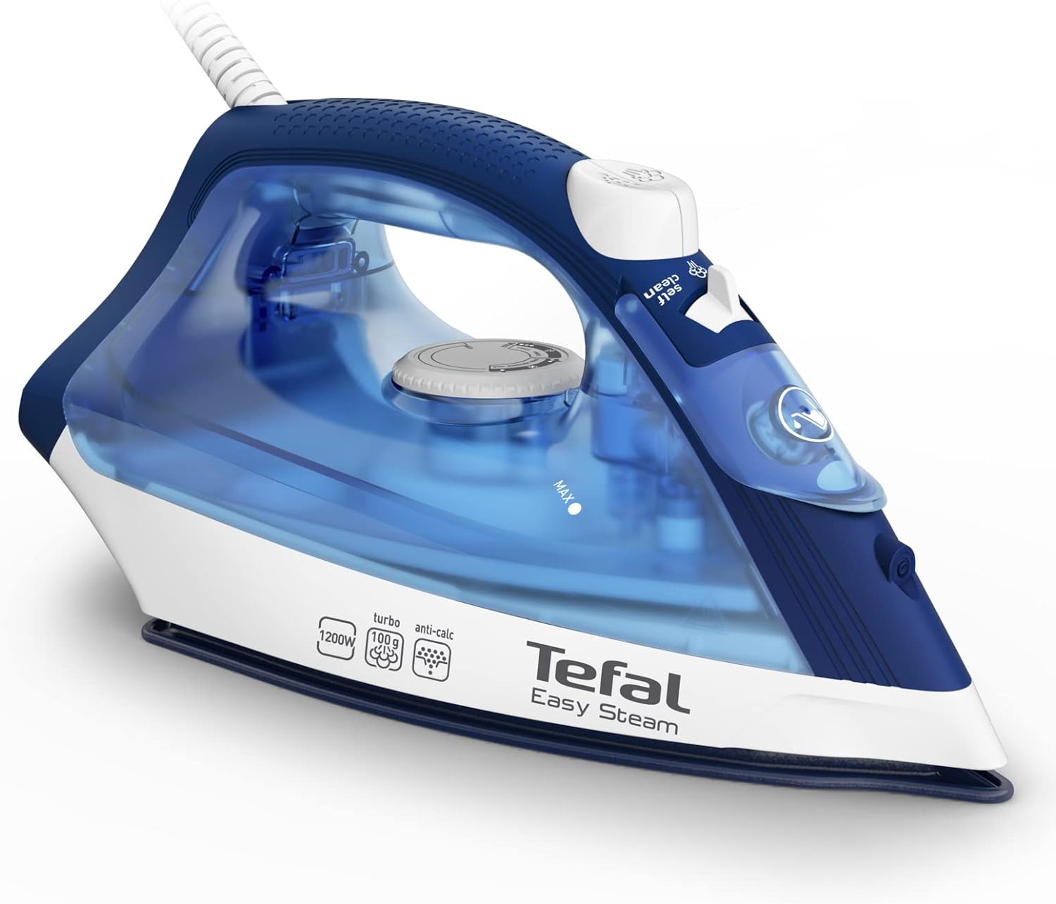 TEFAL Easy Steam Iron, FV1941M0 – 1200W, 100g/min Boost, Vertical Steaming, Anti-Scale, Non-Stick Soleplate, Blue/White