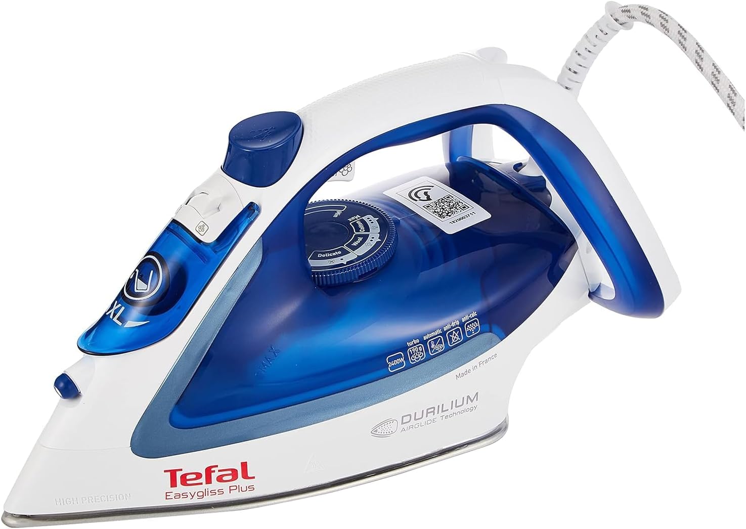 TEFAL Easy Gliss Steam Iron, FV5715M0 – 2400W, Durilium Soleplate, 270ml Tank, Anti-Drip, Auto Shut-Off, Made in France