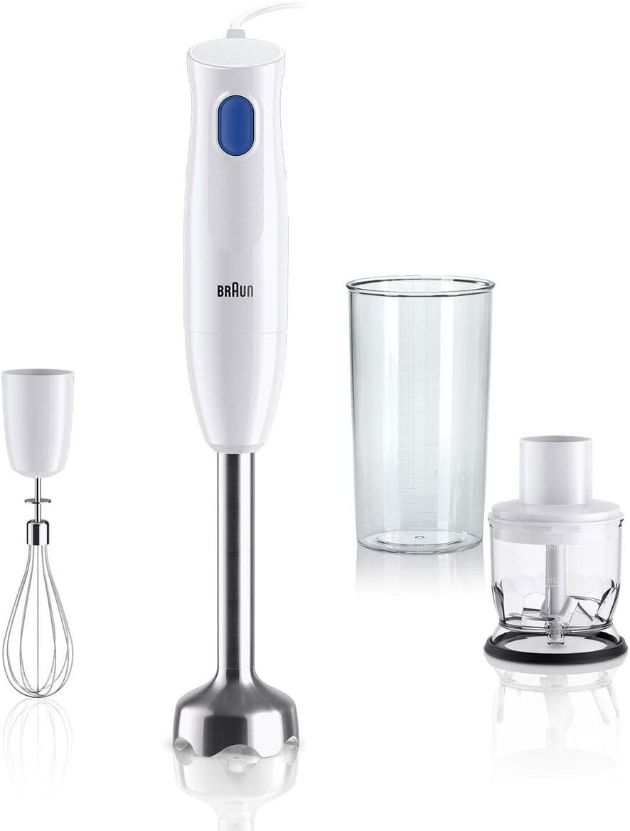 Braun MultiQuick 1 MQ10.202M Hand Blender – 450W Power, 3-in-1 System with Whisk & Chopper (White/Blue)