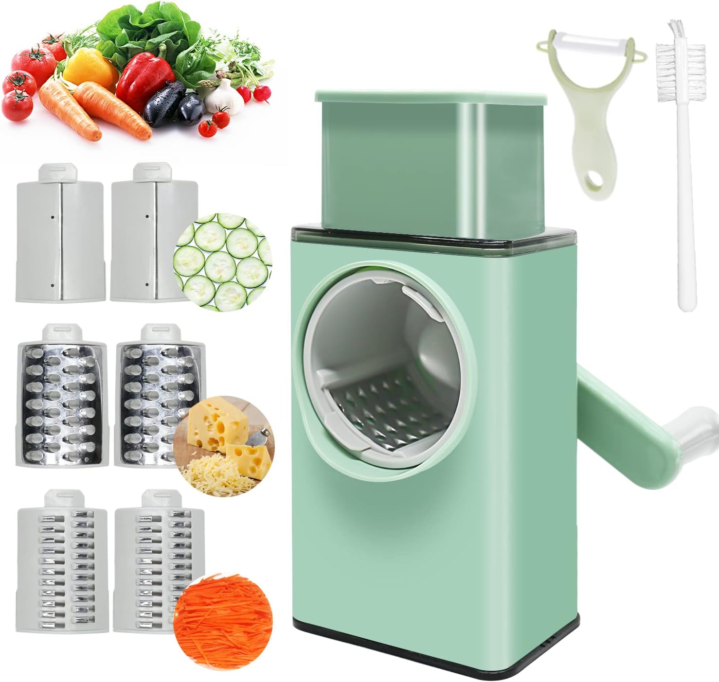 3-in-1 Cheese Shredder with Handle – Vegetable Cutter & Spiralizer with Interchangeable Blades