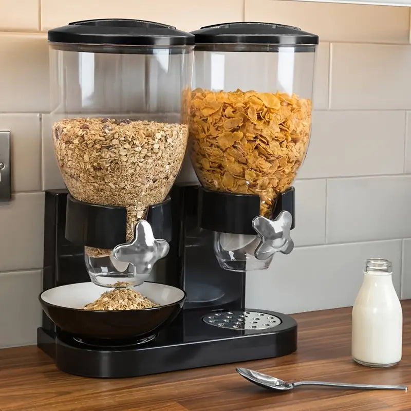 Double Cereal Dispenser – Dual-Container Dry Food Storage with Rotary Handles & Airtight Lids (Black and White, Acrylic)