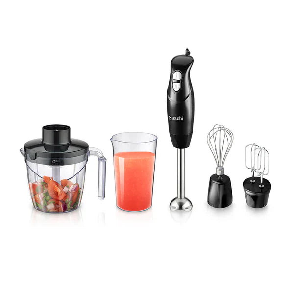 Saachi 5-in-1 Hand Blender – 200W Portable Handheld Blender with Whisk Attachment, 2-Speed Control & Juice Container – Black/Clear